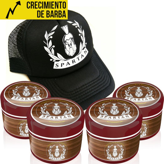 C) 4 SPARTAN BÁLSAMO +GORRA DE REGALO - Crecimiento de Barba y Bigote | Minoxidil 5% (Dosis Óptima) + Biotina + Bergamota | ENVÍO GRATIS