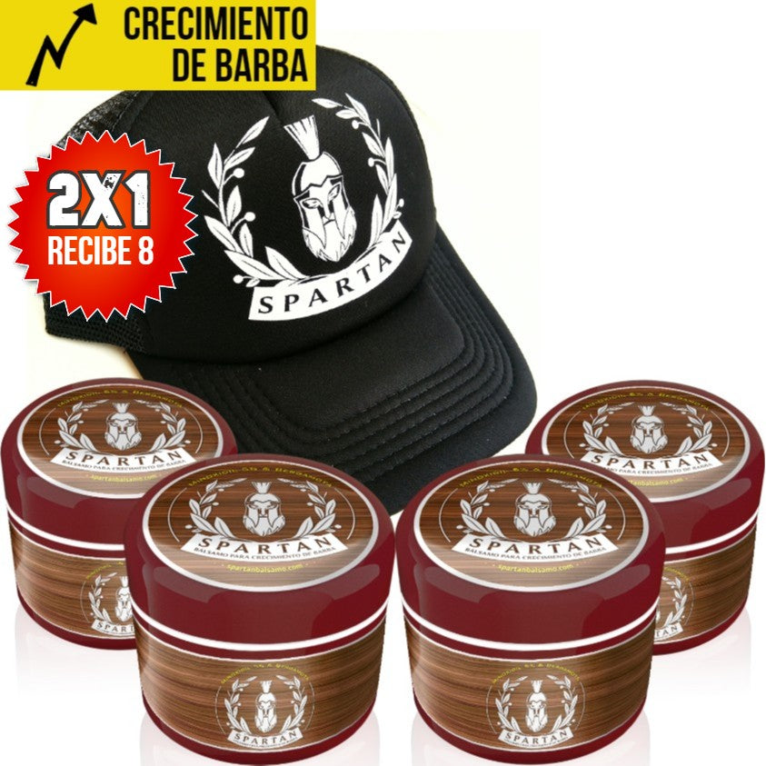 C) COMPRA 4 RECIBE 8 SPARTAN BÁLSAMO + GORRA DE REGALO - Crecimiento de Barba y Bigote | Minoxidil 5% (Dosis Óptima) + Biotina + Bergamota | ENVÍO GRATIS