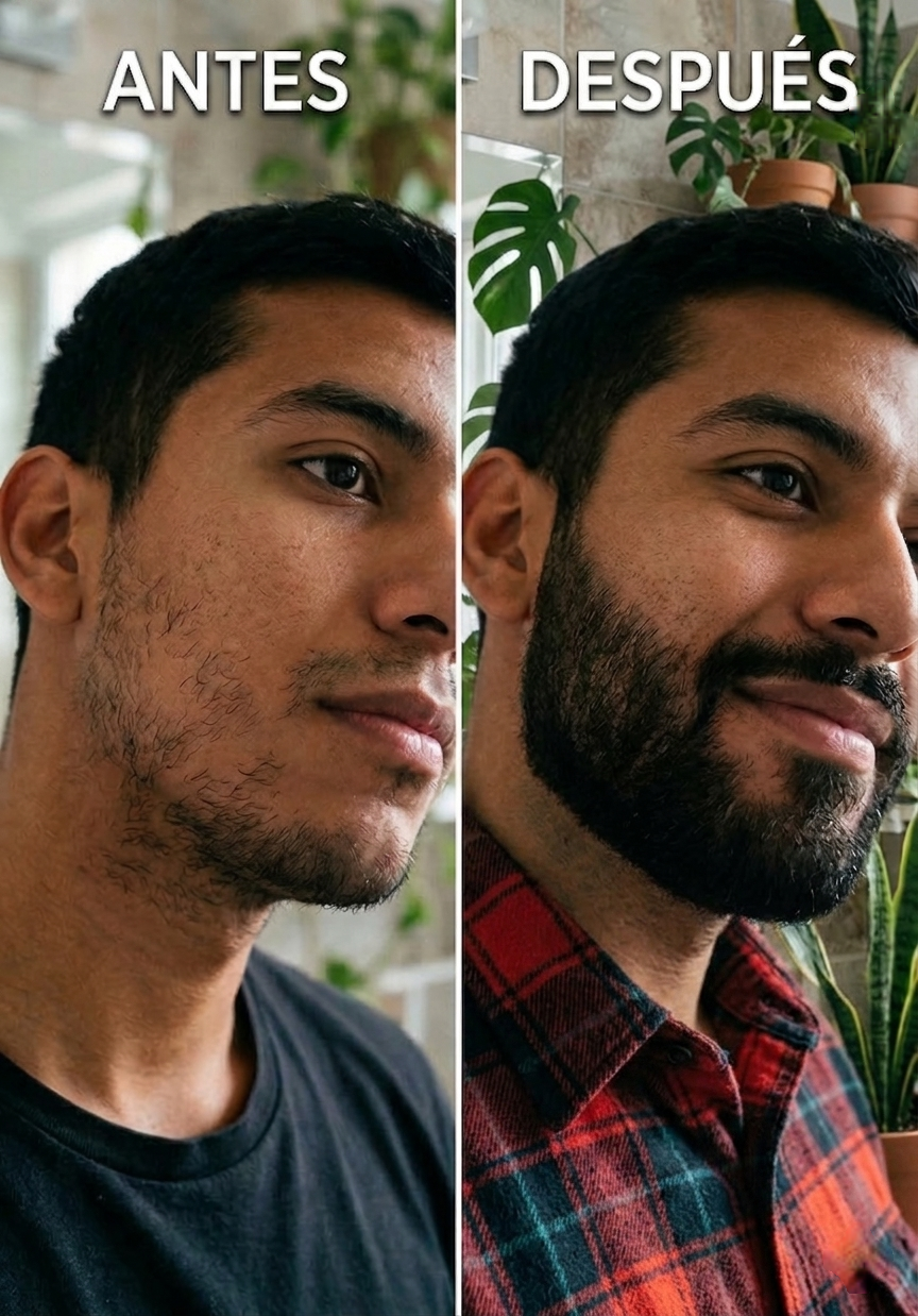 Antes y después del tratamiento de crecimiento de barba usando el original bálsamo con minoxidil para barba al 5% para eliminar huecos y lograr una barba densa.