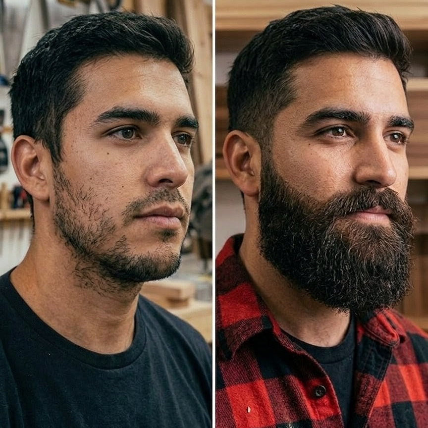 Imagen comparativa de antes y después: hombre con poca barba al inicio y posteriormente con una barba más densa y definida tras un proceso de cuidado de barba.