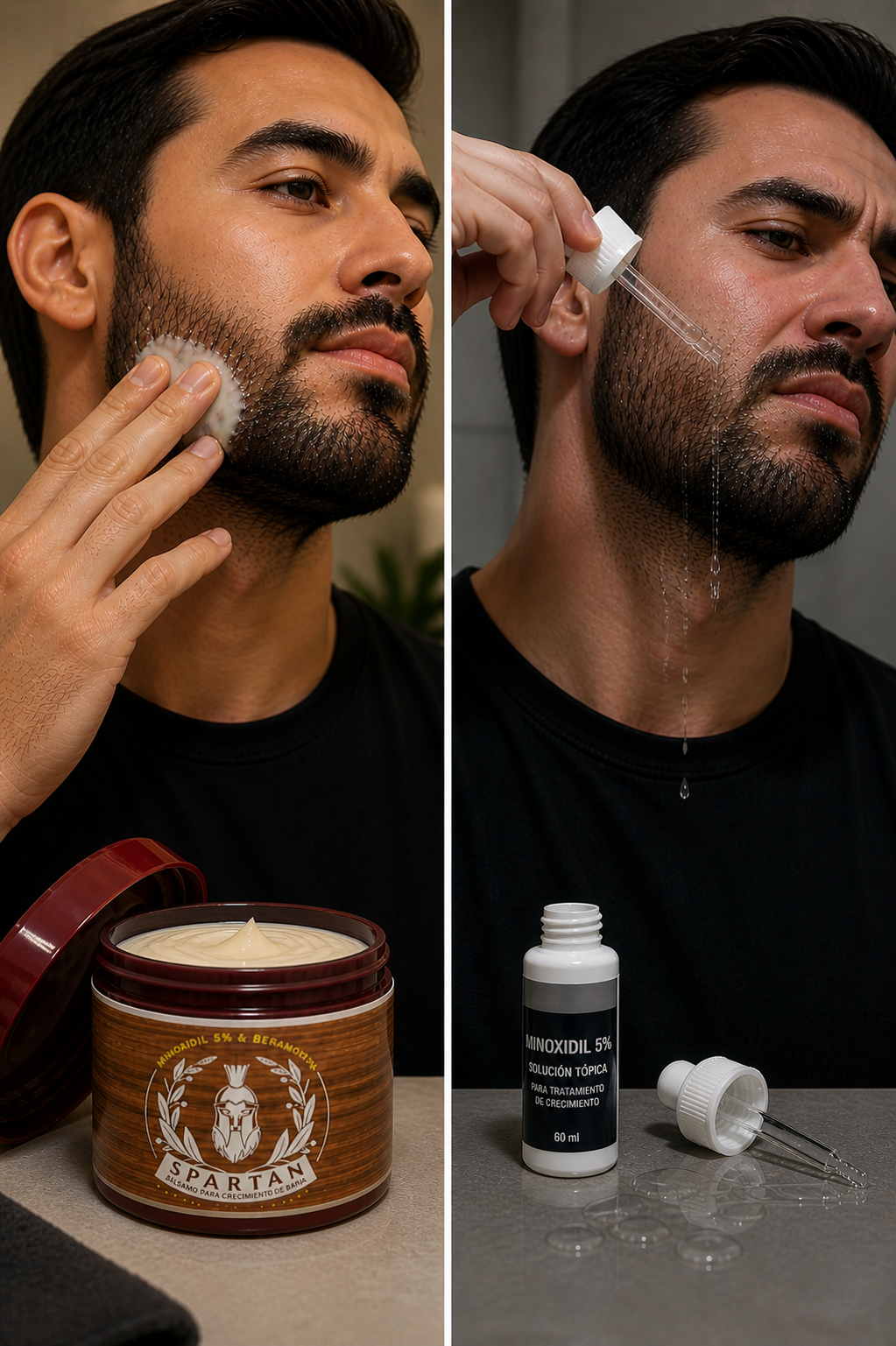 No todo el minoxidil funciona igual: aplicación limpia del mejor bálsamo para crecimiento de barba con minoxidil para barba frente al escurrimiento del formato líquido.