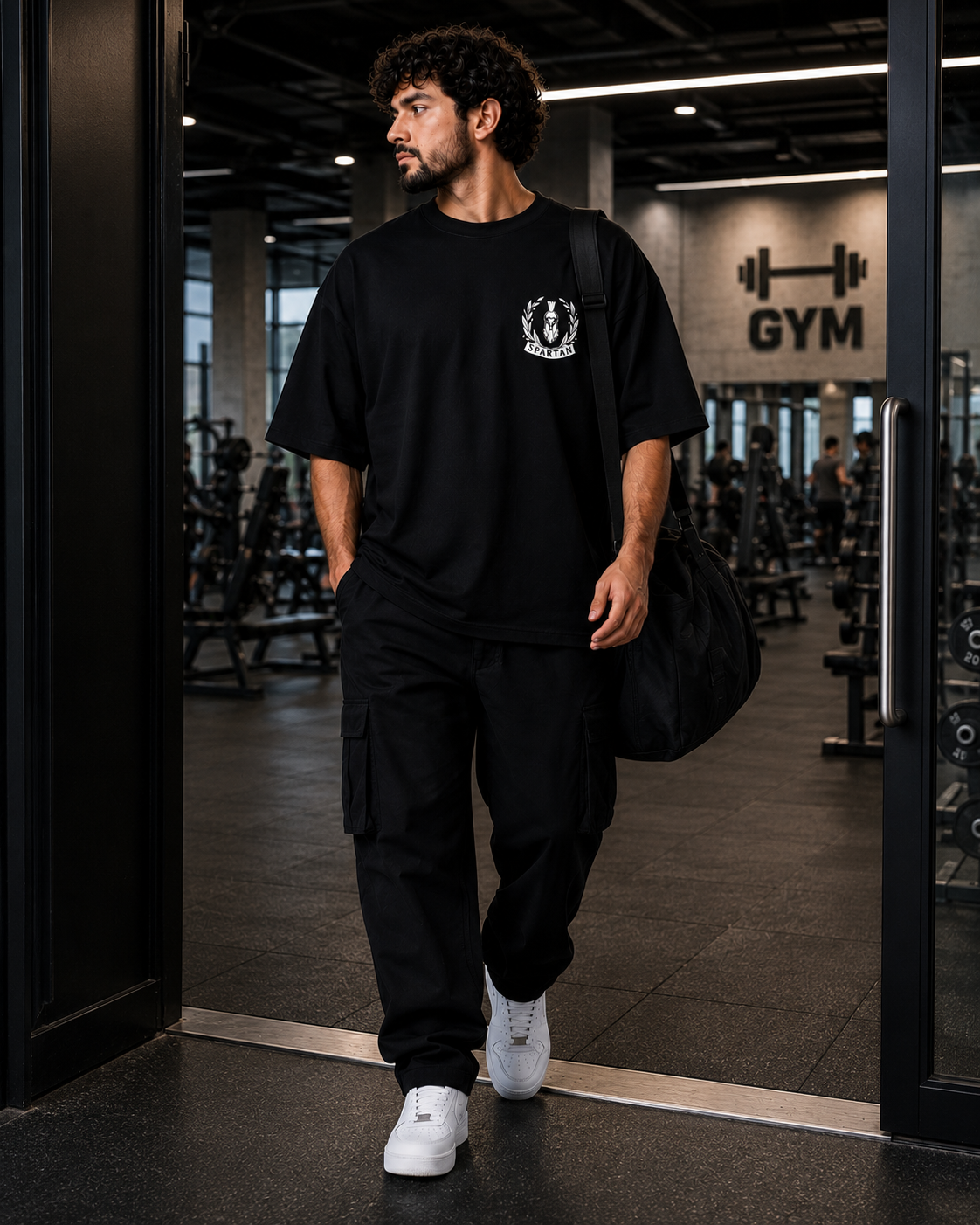 Hombre entrando al gimnasio usando playera oversize premium Spartan negra.