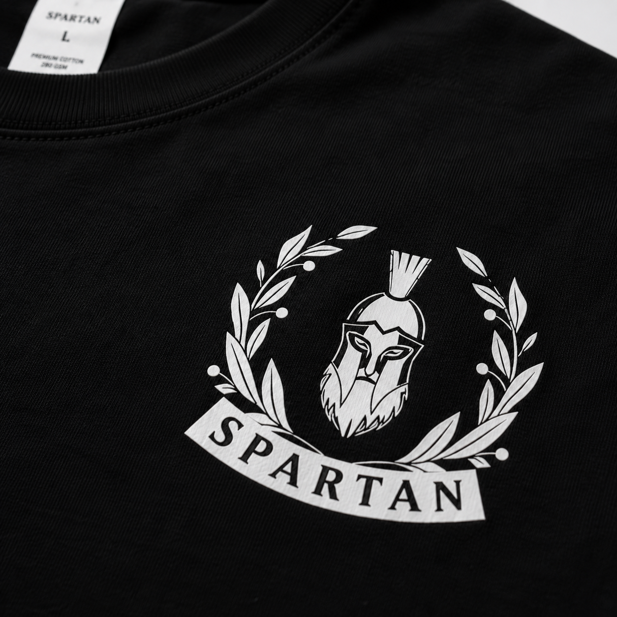 Detalle del estampado frontal de la playera premium Spartan sobre tela negra.