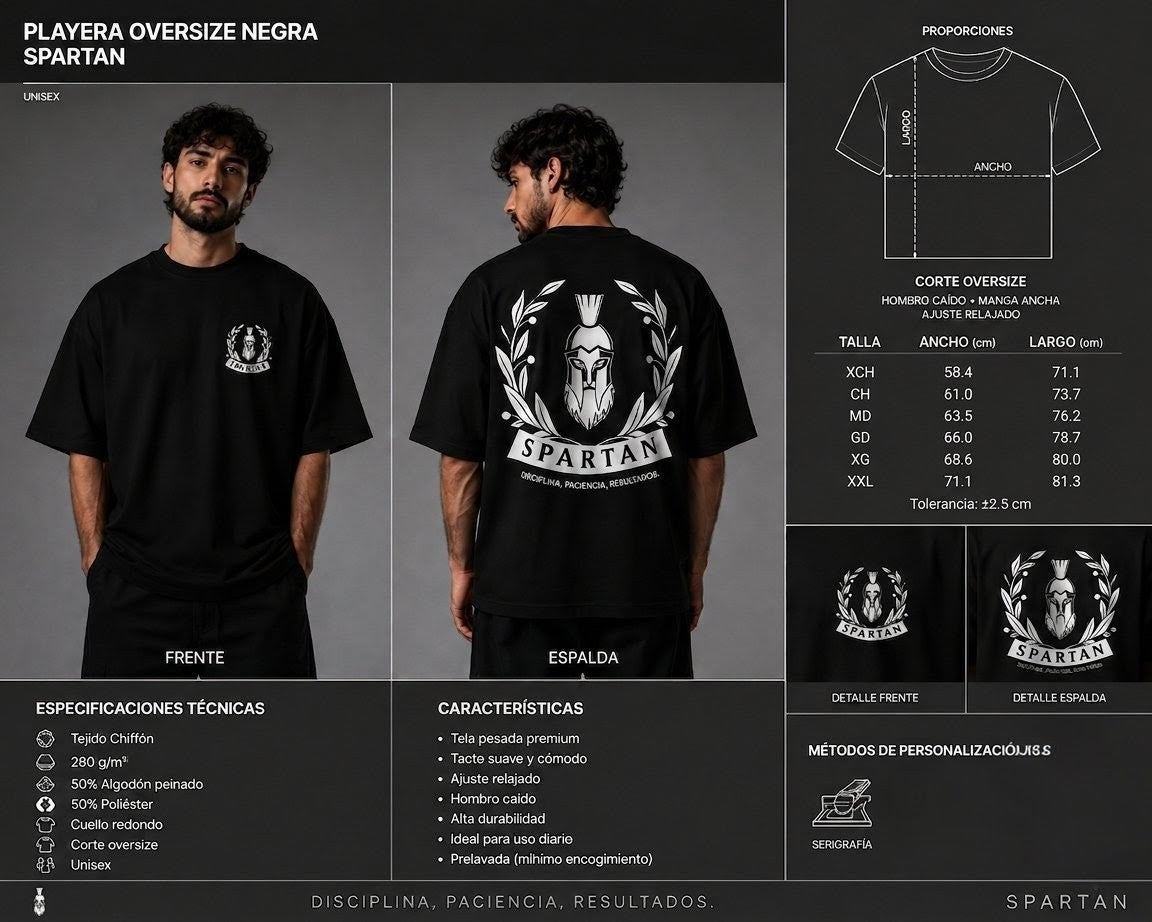 Guía de tallas y características de la playera oversize premium Spartan.