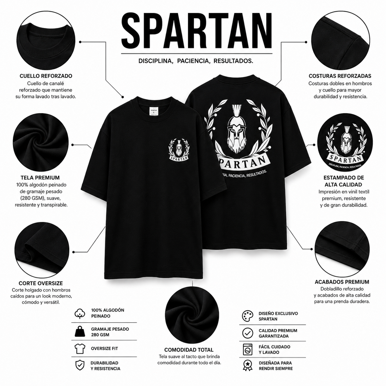 Características premium de la playera oversize Spartan: tela pesada y corte oversize.