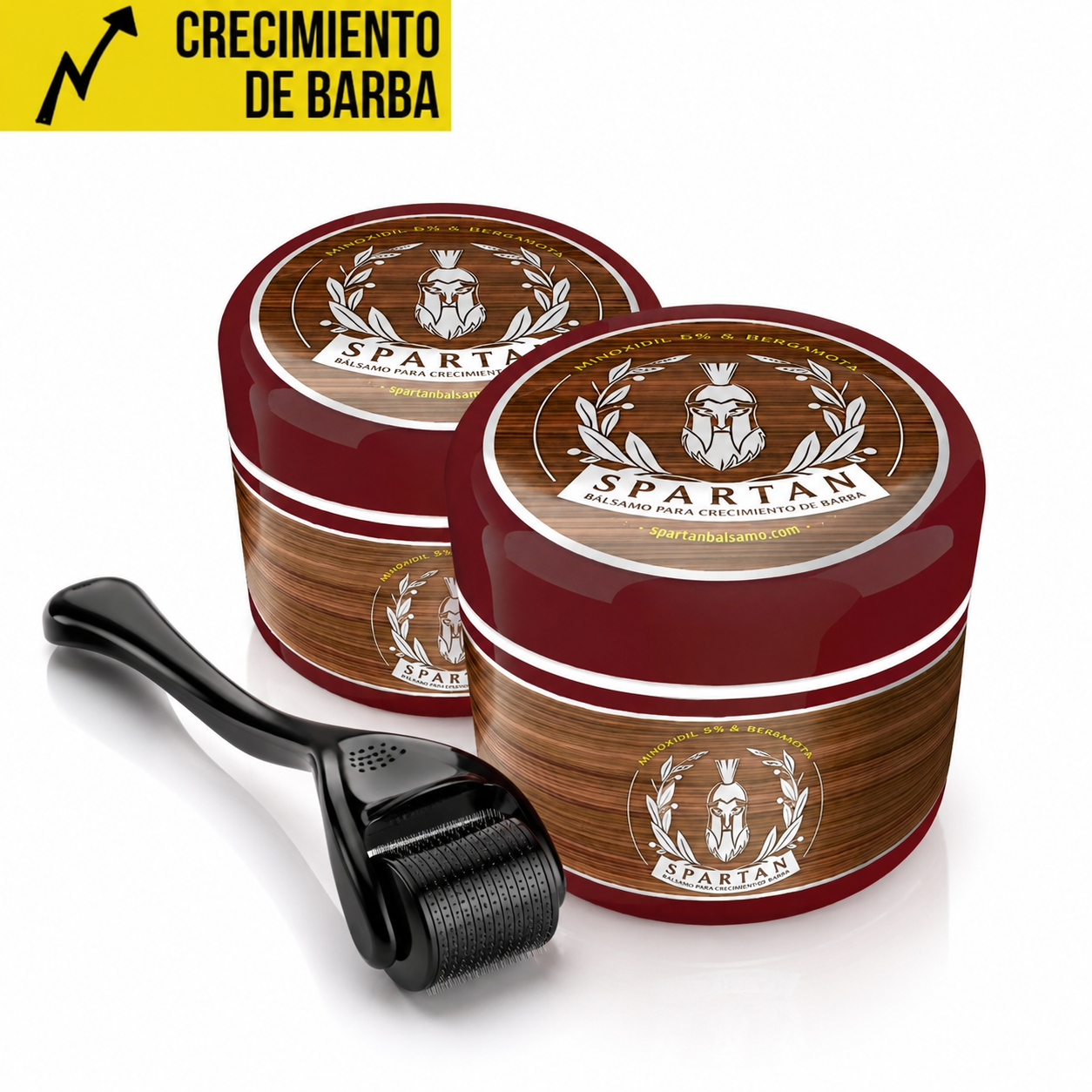 A) ⭐ MÁS POPULAR | 2 Spartan Bálsamo Crecimiento de Barba y Bigote + Dermaroller | Minoxidil 5% (Dosis Óptima) + Biotina + Bergamota | ENVÍO GRATIS
