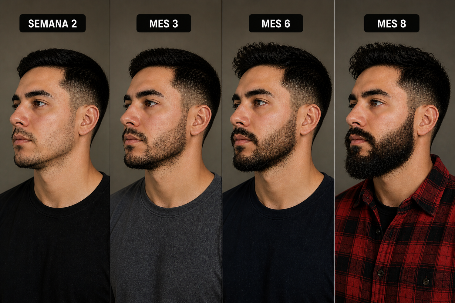 Línea de tiempo que muestra la secuencia de resultados reales en el crecimiento de la barba, desde la semana 2 con vello corto, pasando por el mes 3 y mes 6 rellenando huecos, hasta lograr una barba cerrada, densa y abundante al mes 8 usando el bálsamo Spartan.
